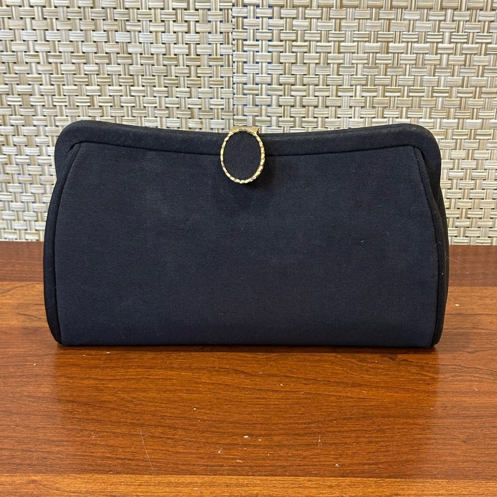 🌟HP🌟VTG 1950s-60s Black Fabric Evening Bag Matching Lift Clasp Gold Tone Chain - Picture 3 of 11